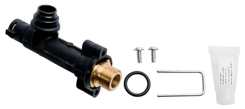 Hydraulikblock von Wolf mit Anschlüssen, Schrauben, Dichtungen und Montagezubehör, geeignet für Speicherrücklauf ohne Drucksensor.